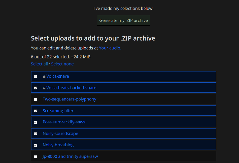 Page showing 'selected uploads to add to your .zip archive' showing a lot of checkable uploads and an estimated total filesize